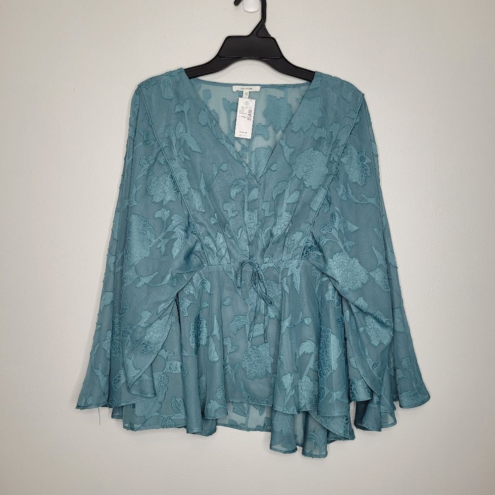 Maurices Jacquard Flounce Sleeve Peplum Teal Boho Ethereal Tie Waist Top XL NWT - Picture 2 of 7